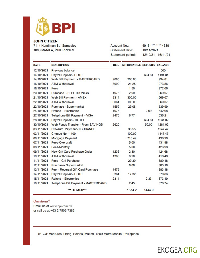 Philippines Bank of the Philippine relevé bancaire modèle facile à remplir au format Excel et PDF